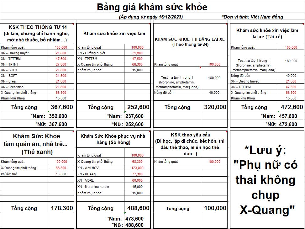 BẢNG GIÁ KHÁM SỨC KHỎE (Áp dụng từ ngày 16/12/2023)