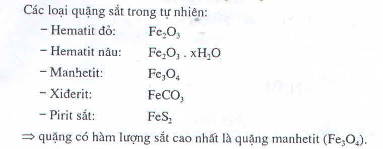 Trong các loại quặng sắt thì quặng có hàm lượng sắt lớn nhất là