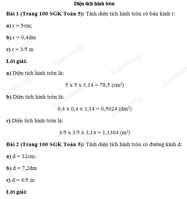 Giải Toán lớp 5 trang 100: Diện tích hình tròn