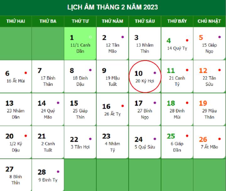 Lịch âm 10/2 - Tra cứu lịch âm hôm nay thứ 6 ngày 10/2/2023