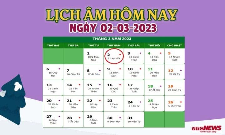 Lịch âm 2/3 - Tra cứu lịch âm hôm nay thứ Năm ngày 2/3/2023