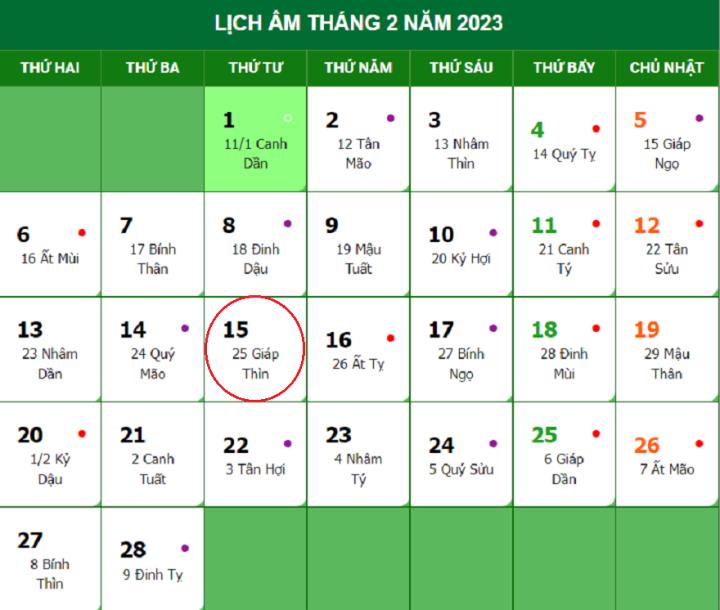 Lịch âm 15/2 - Tra cứu lịch âm hôm nay thứ 4 ngày 15/2/2023