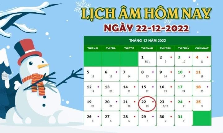 Lịch âm 22/12 - Tra cứu lịch âm hôm nay thứ 5 ngày 22/12/2022