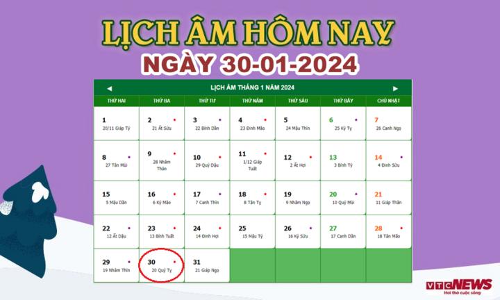 Lịch âm 30/1 - Âm lịch hôm nay 30/1 chính xác nhất - lịch vạn niên 30/1/2024