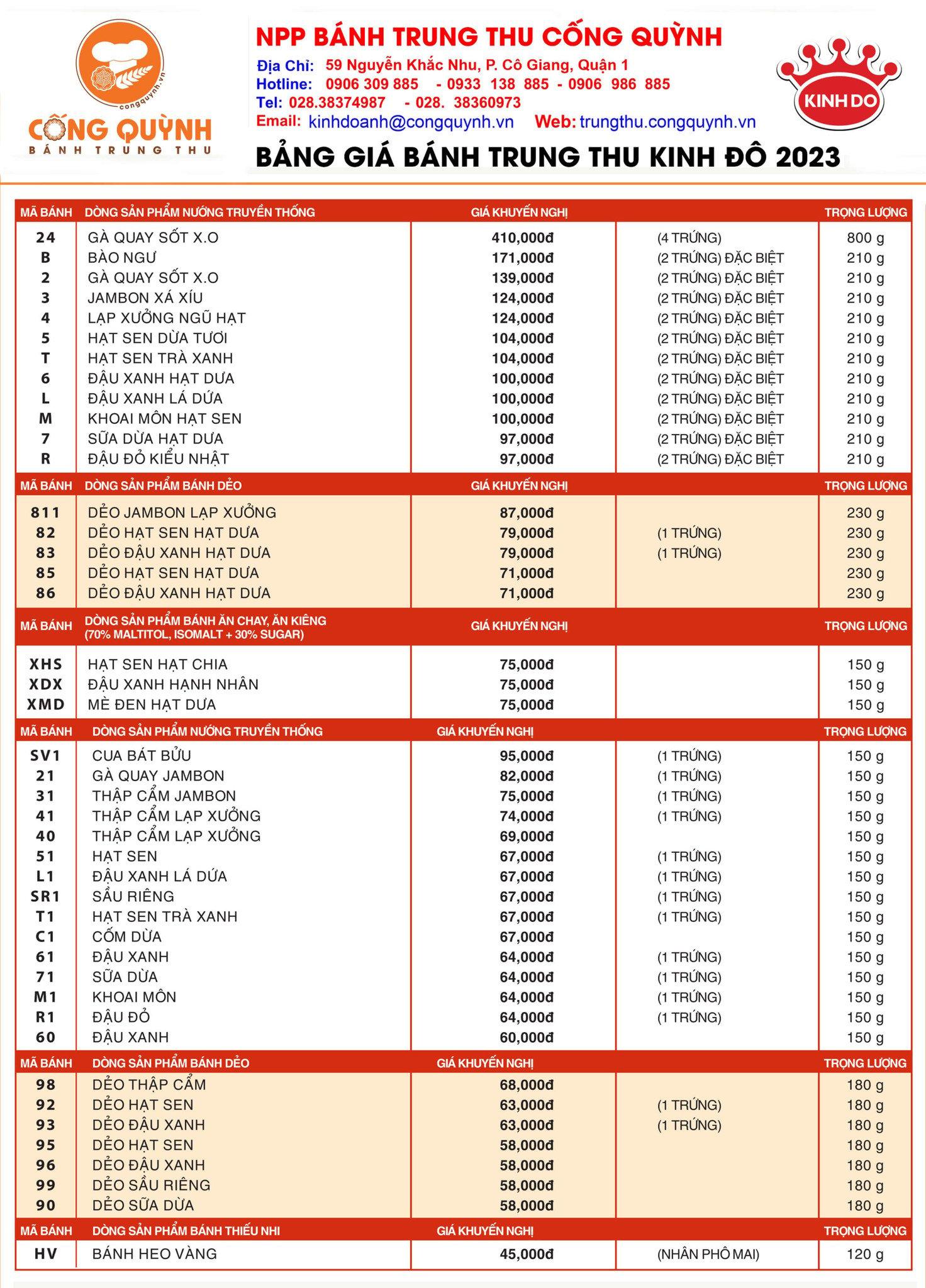 BẢNG GIÁ BÁNH TRUNG THU KINH ĐÔ 2024