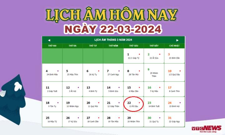 Lịch âm 22/3 - Âm lịch hôm nay 22/3 chính xác nhất - lịch vạn niên 22/3/2024