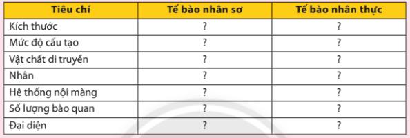 Phân biệt tế bào nhân sơ và tế bào nhân thực bằng cách hoàn thành bảng sau